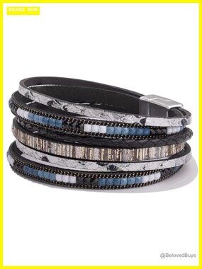 Faux Leather Layered Wrap Bracelet Bohemian Multi-Strand Magnetic Clasp Women's